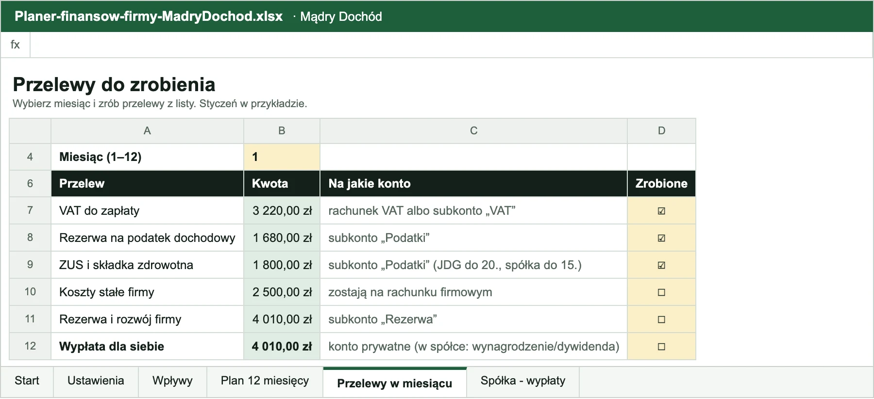 Arkusz Przelewy w miesiącu z listą przelewów na konta VAT, podatki, rezerwę i prywatne