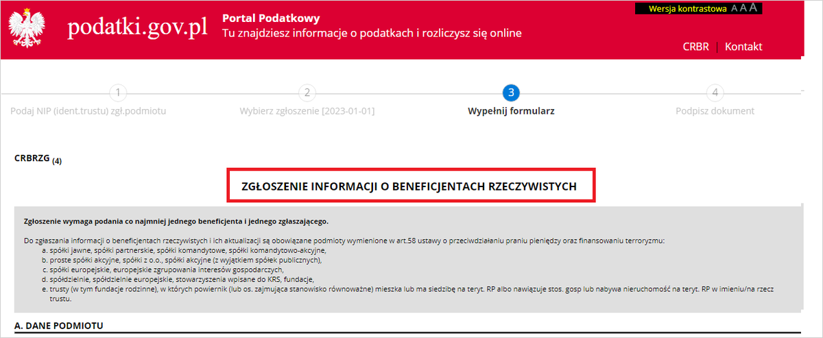 Krok 3 z 4 w systemie CRBR: formularz zgłoszenia informacji o beneficjentach rzeczywistych z listą podmiotów obowiązanych, w tym spółek z o.o.