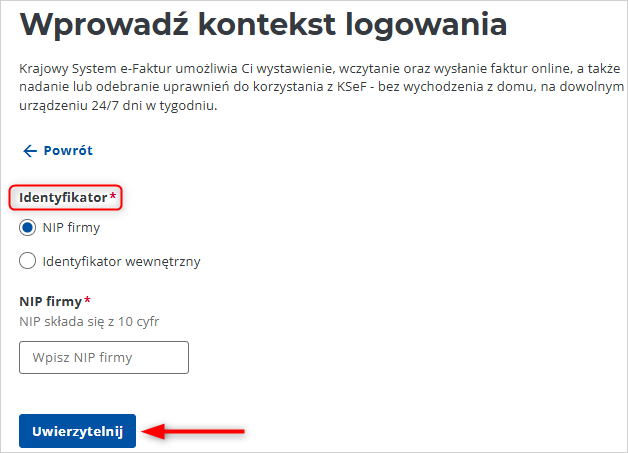 Aplikacja Podatnika KSeF 2.0: ekran wprowadzania kontekstu logowania z wyborem NIP firmy i przyciskiem Uwierzytelnij