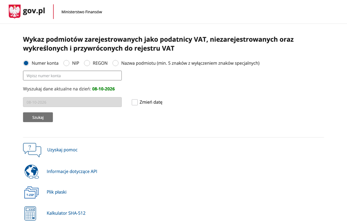 Wyszukiwarka wykazu podatników VAT (biała lista) Ministerstwa Finansów z polami numer konta, NIP, REGON i nazwa podmiotu