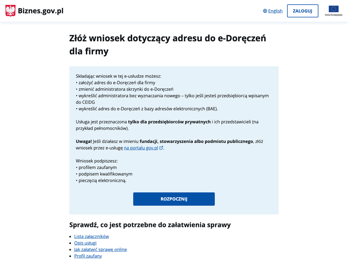 E-usługa biznes.gov.pl „Złóż wniosek dotyczący adresu do e-Doręczeń dla firmy” z przyciskiem Rozpocznij