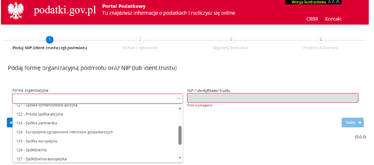 Pierwszy krok zgłoszenia do CRBR: wybór formy organizacyjnej 122 Prosta spółka akcyjna i pole NIP