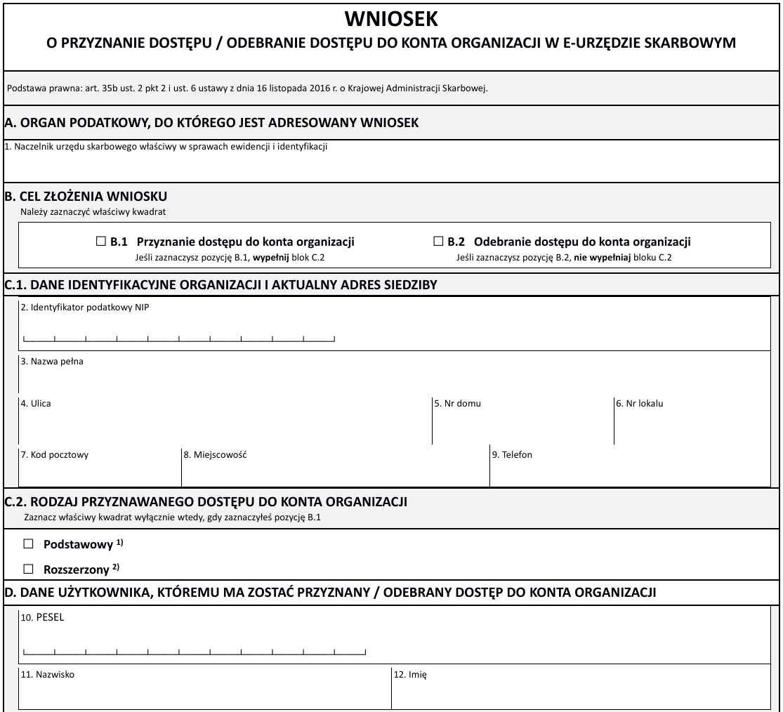Wzór wniosku o przyznanie dostępu do konta organizacji w e-Urzędzie Skarbowym z danymi spółki, rodzajem dostępu i danymi użytkownika