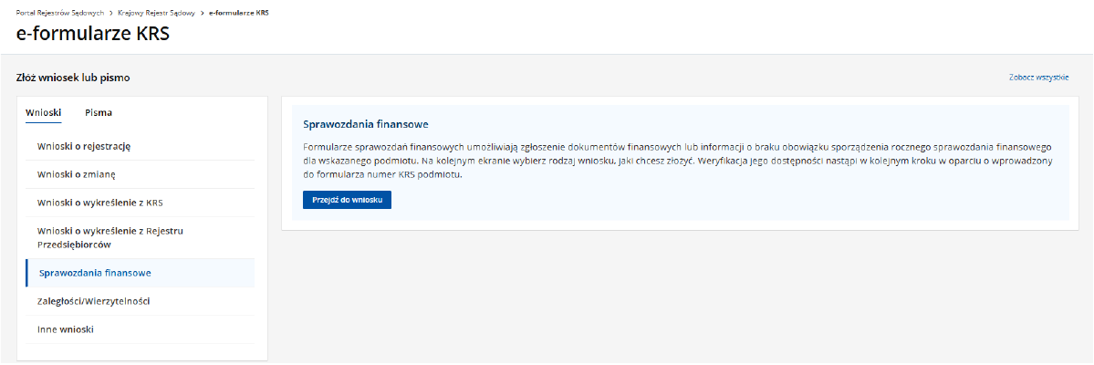 Ekran e-formularzy KRS w Portalu Rejestrów Sądowych z blokiem Złóż wniosek lub pismo i kategoriami wniosków