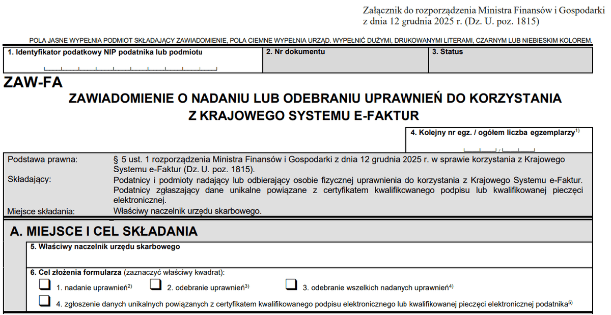 Nagłówek i część A formularza ZAW-FA, zawiadomienia o nadaniu lub odebraniu uprawnień do KSeF